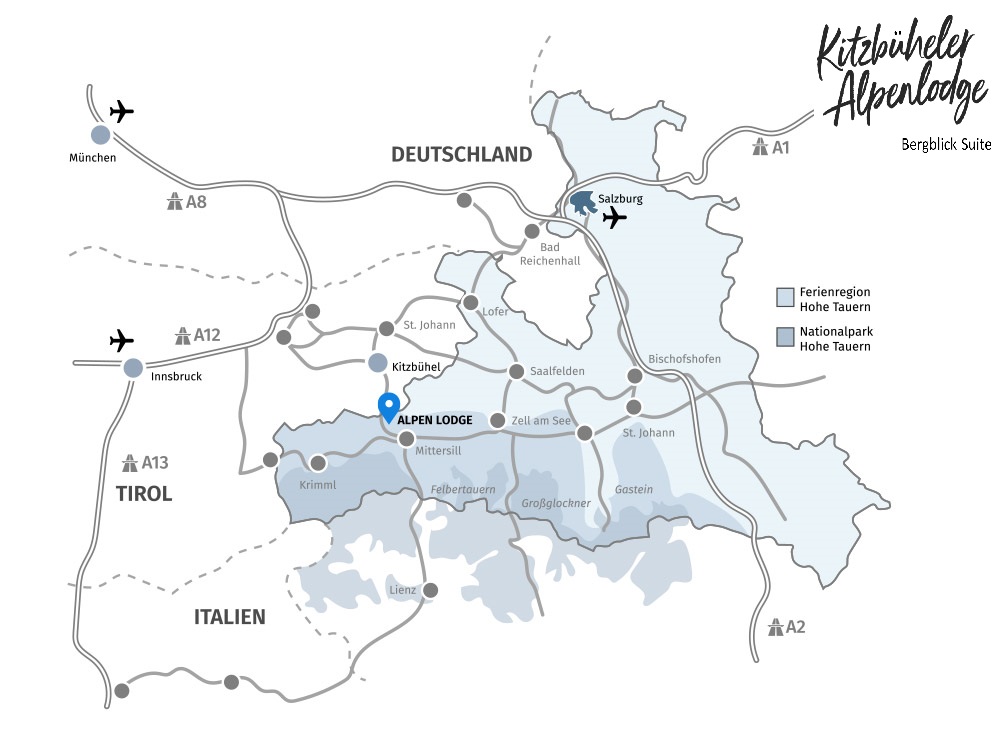 Anfahrtsspinne Kitzbüheler Alpenlodge Bergblick Suite